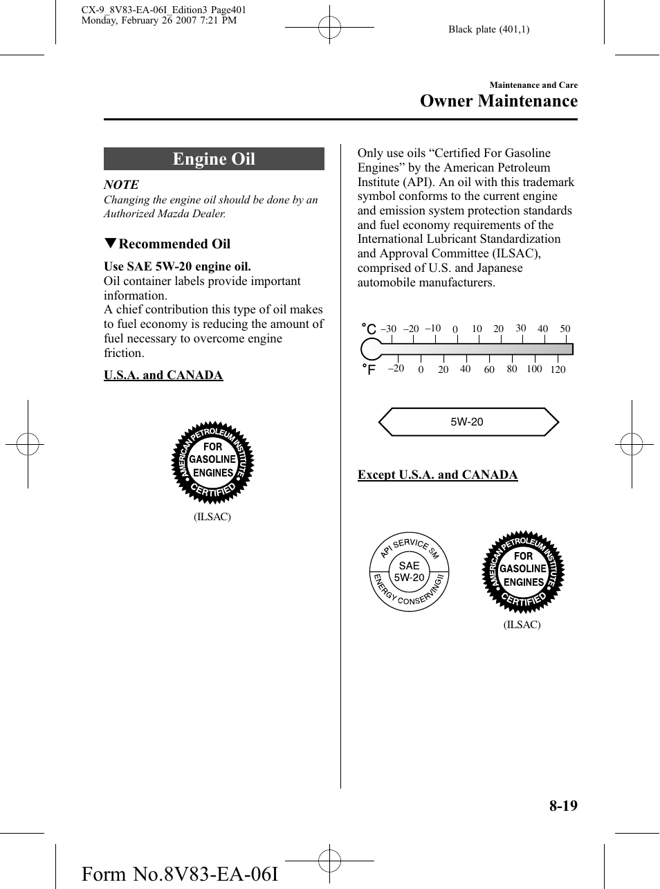 Engine oil, Engine oil -19, Owner maintenance | Mazda 2007 CX-9 User Manual | Page 401 / 502