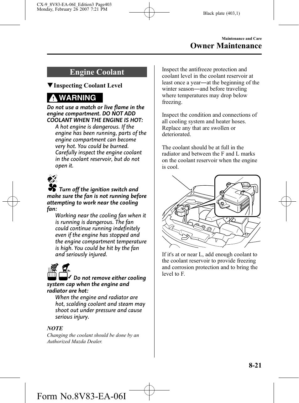 Engine coolant, Engine coolant -21, Owner maintenance | Warning | Mazda 2007 CX-9 User Manual | Page 403 / 502
