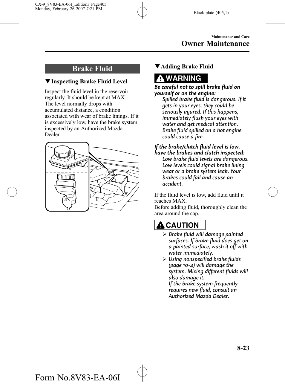 Brake fluid, Brake fluid -23, Owner maintenance | Warning, Caution | Mazda 2007 CX-9 User Manual | Page 405 / 502