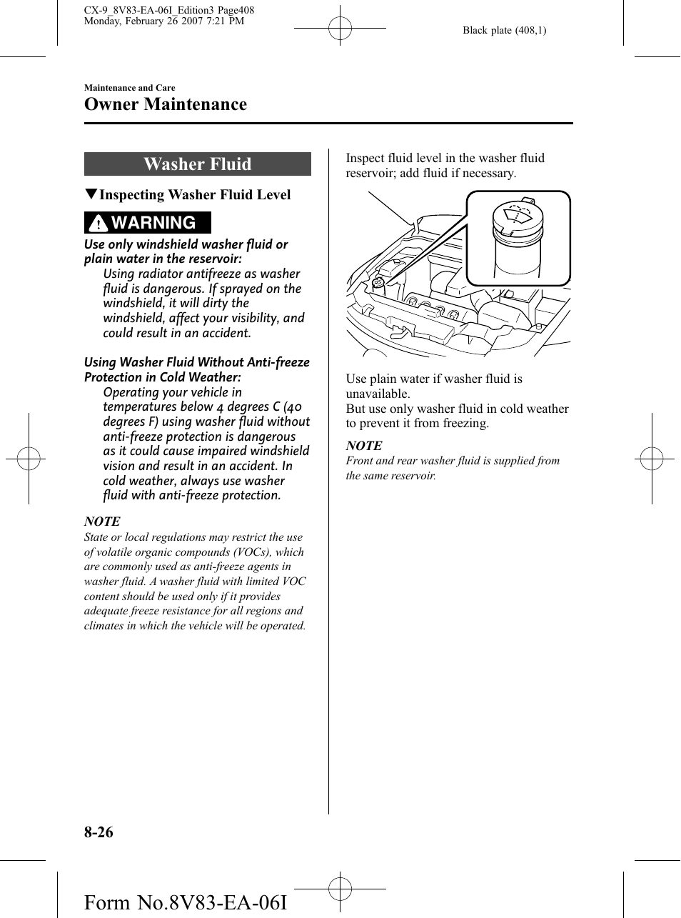 Washer fluid, Washer fluid -26, Owner maintenance | Warning | Mazda 2007 CX-9 User Manual | Page 408 / 502