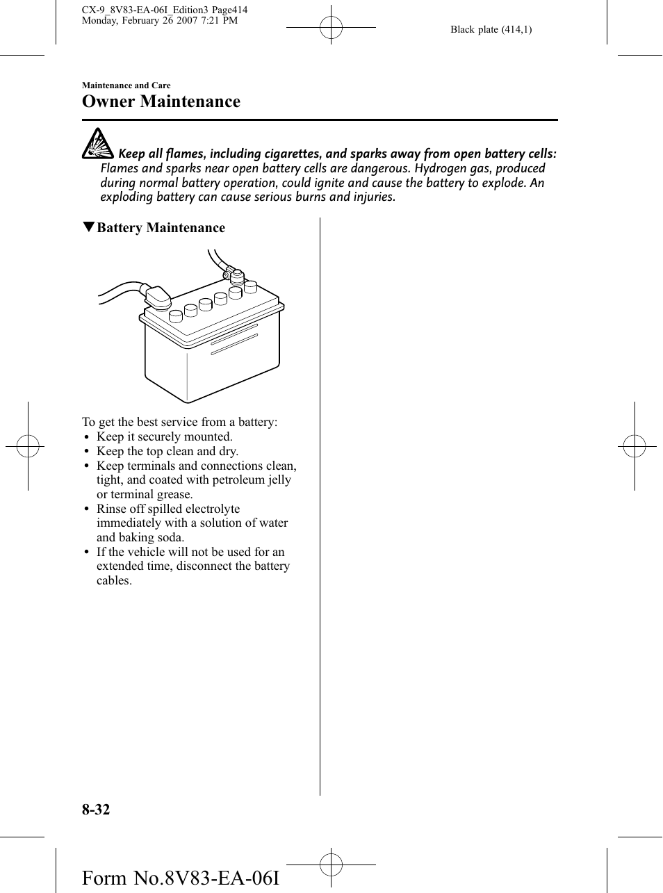 Owner maintenance, Qbattery maintenance | Mazda 2007 CX-9 User Manual | Page 414 / 502