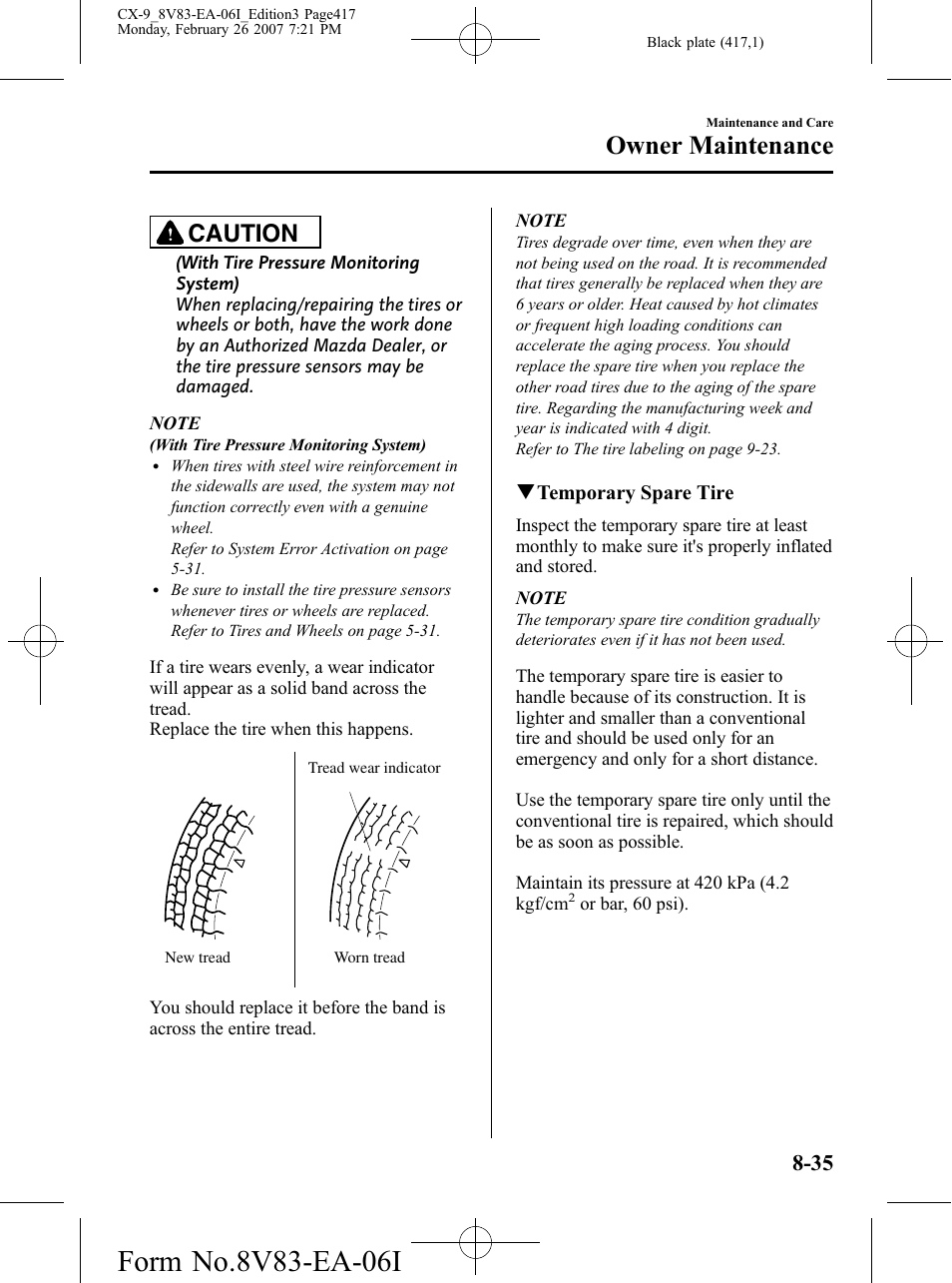 Owner maintenance, Caution | Mazda 2007 CX-9 User Manual | Page 417 / 502