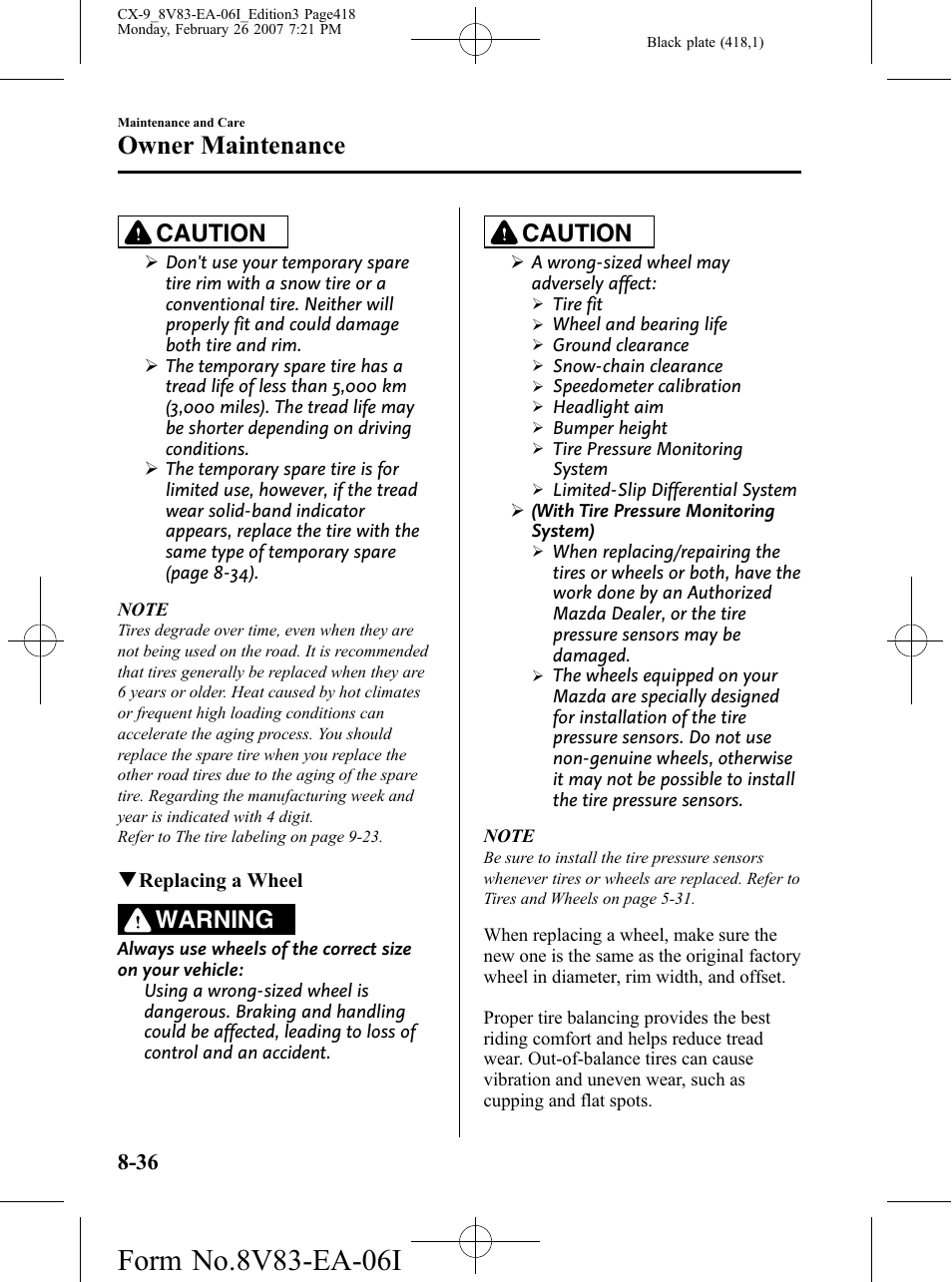 Owner maintenance, Caution, Warning | Mazda 2007 CX-9 User Manual | Page 418 / 502