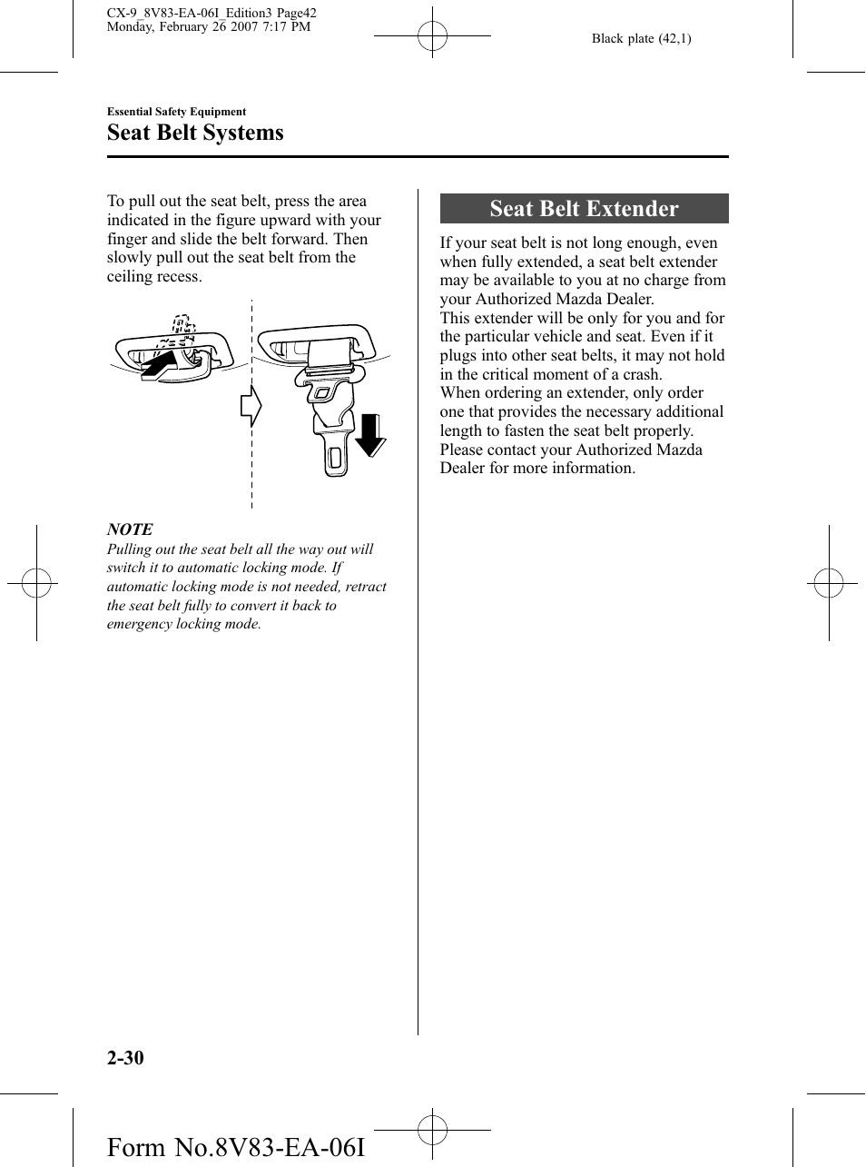 Seat belt extender, Seat belt extender -30, Seat belt systems | Mazda 2007 CX-9 User Manual | Page 42 / 502