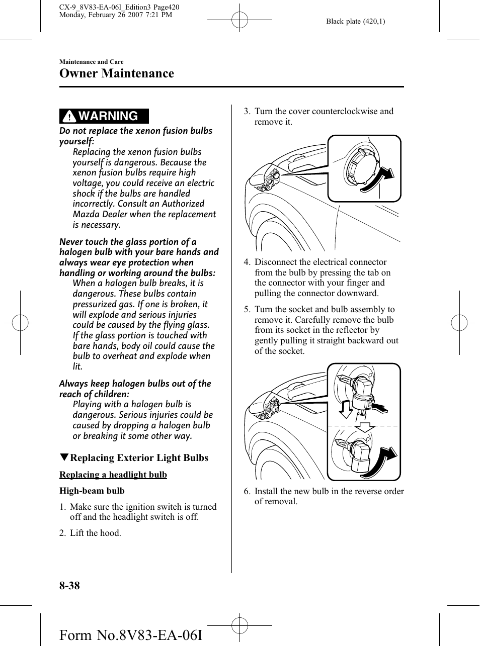 Owner maintenance, Warning | Mazda 2007 CX-9 User Manual | Page 420 / 502