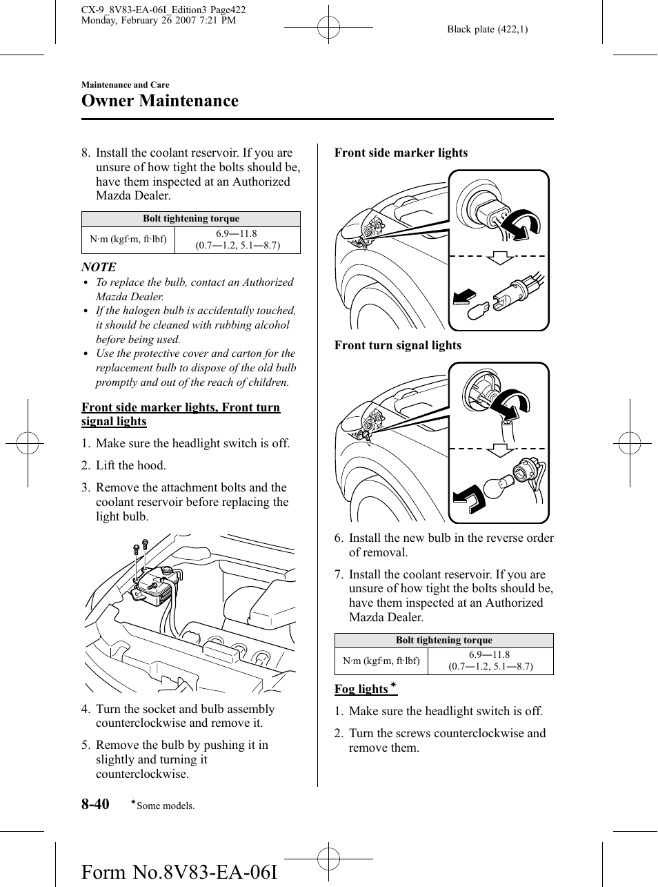 Owner maintenance | Mazda 2007 CX-9 User Manual | Page 422 / 502