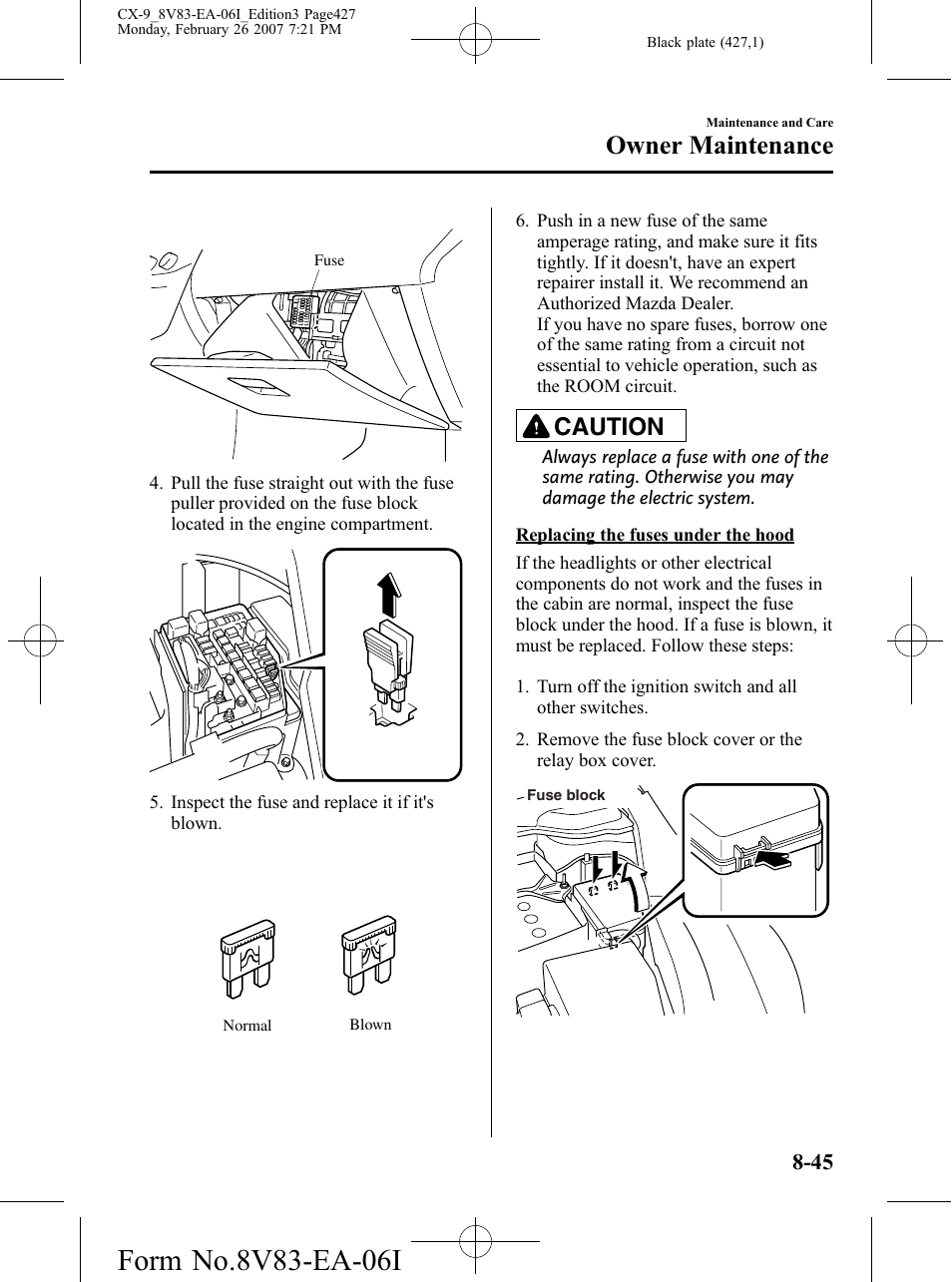 Owner maintenance, Caution | Mazda 2007 CX-9 User Manual | Page 427 / 502