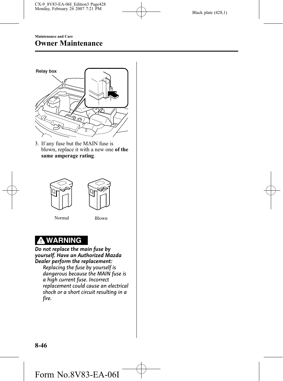 Owner maintenance, Warning | Mazda 2007 CX-9 User Manual | Page 428 / 502