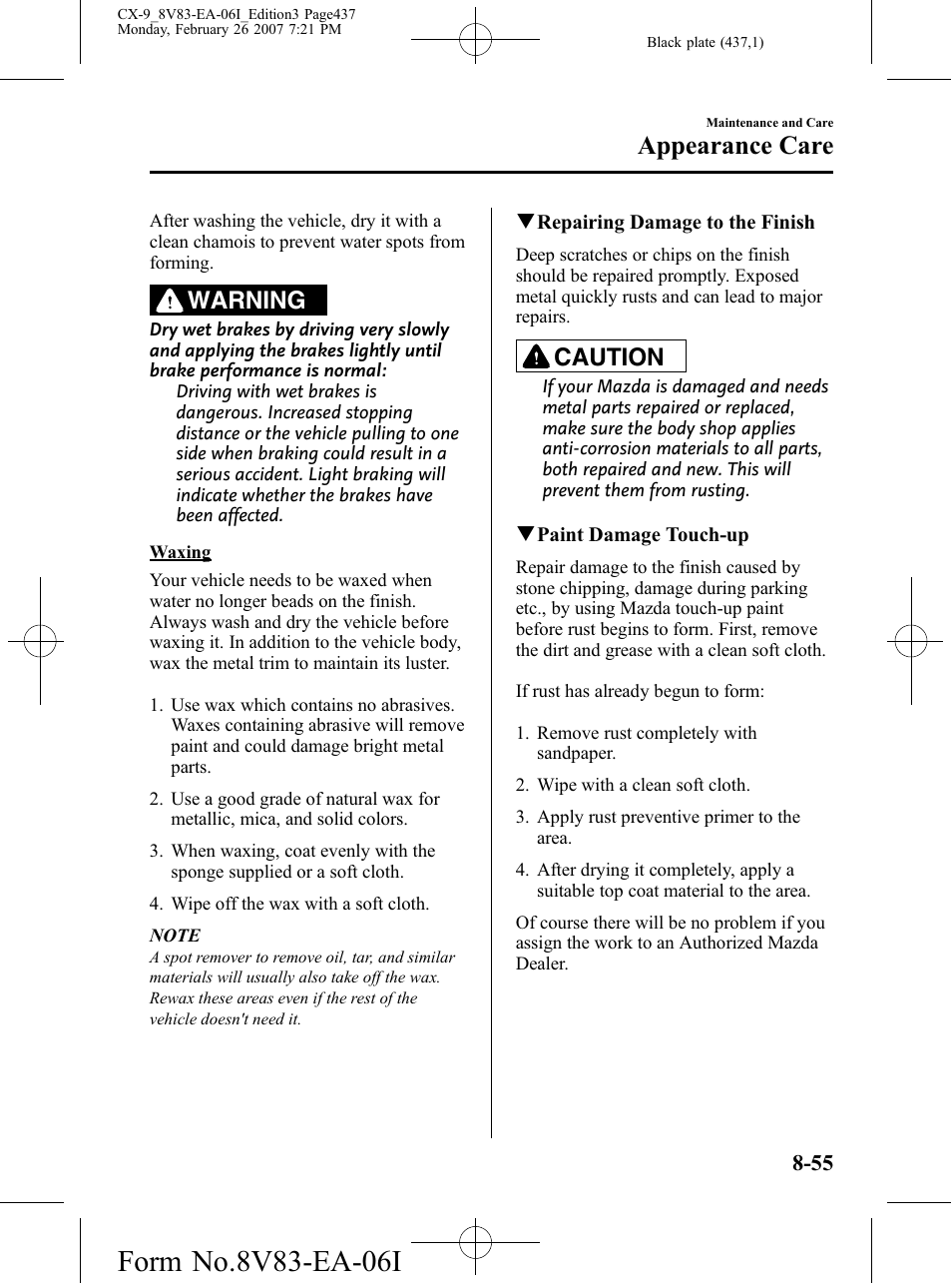 Appearance care, Warning, Caution | Mazda 2007 CX-9 User Manual | Page 437 / 502