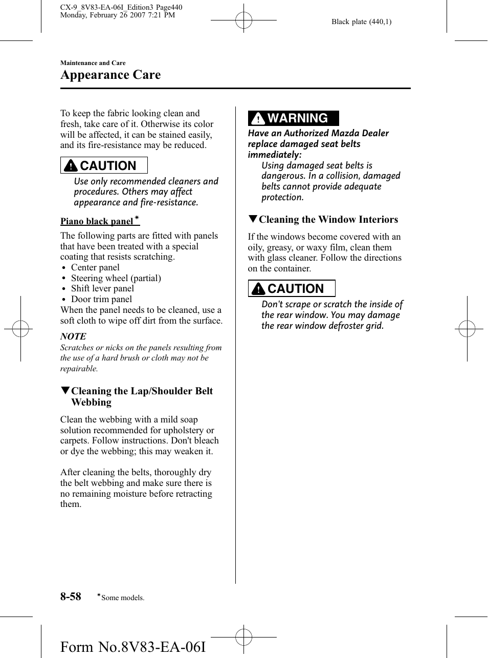 Appearance care, Caution, Warning | Mazda 2007 CX-9 User Manual | Page 440 / 502