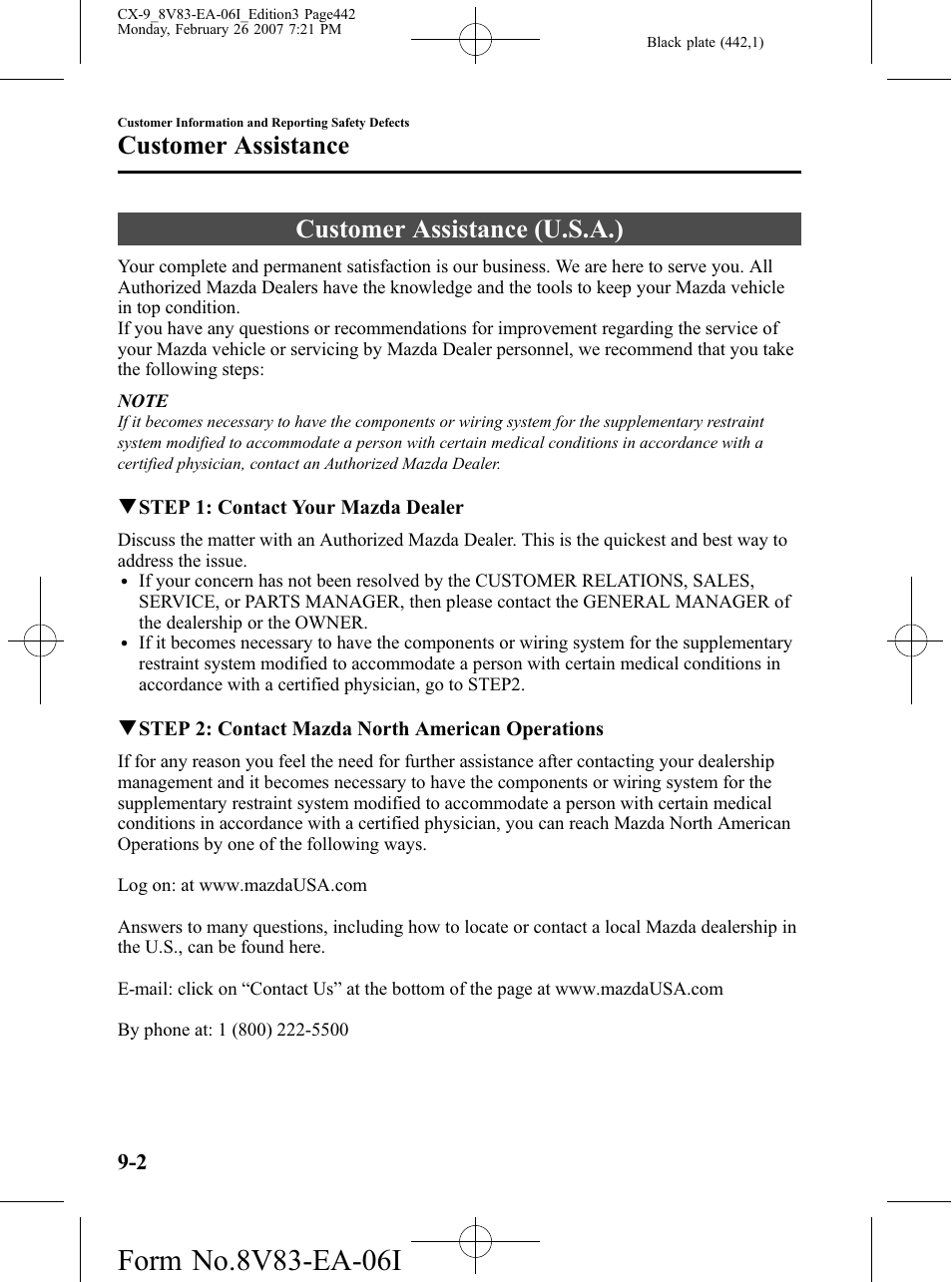 Customer assistance, Customer assistance (u.s.a.), Customer assistance -2 | Customer assistance (u.s.a.) -2 | Mazda 2007 CX-9 User Manual | Page 442 / 502