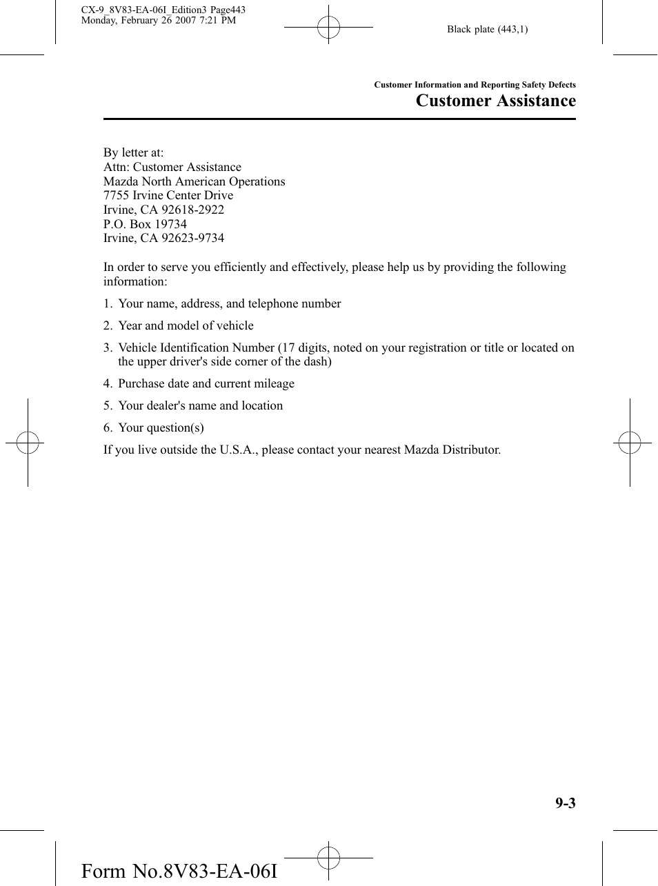 Customer assistance | Mazda 2007 CX-9 User Manual | Page 443 / 502