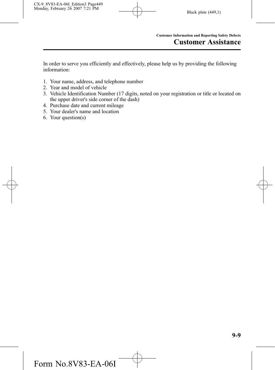 Customer assistance | Mazda 2007 CX-9 User Manual | Page 449 / 502