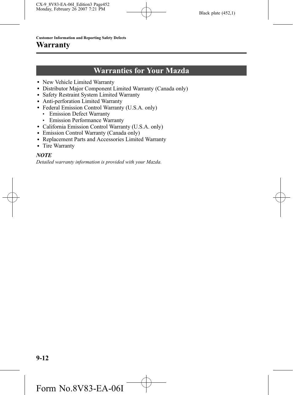 Warranty, Warranties for your mazda, Warranty -12 | Warranties for your mazda -12 | Mazda 2007 CX-9 User Manual | Page 452 / 502