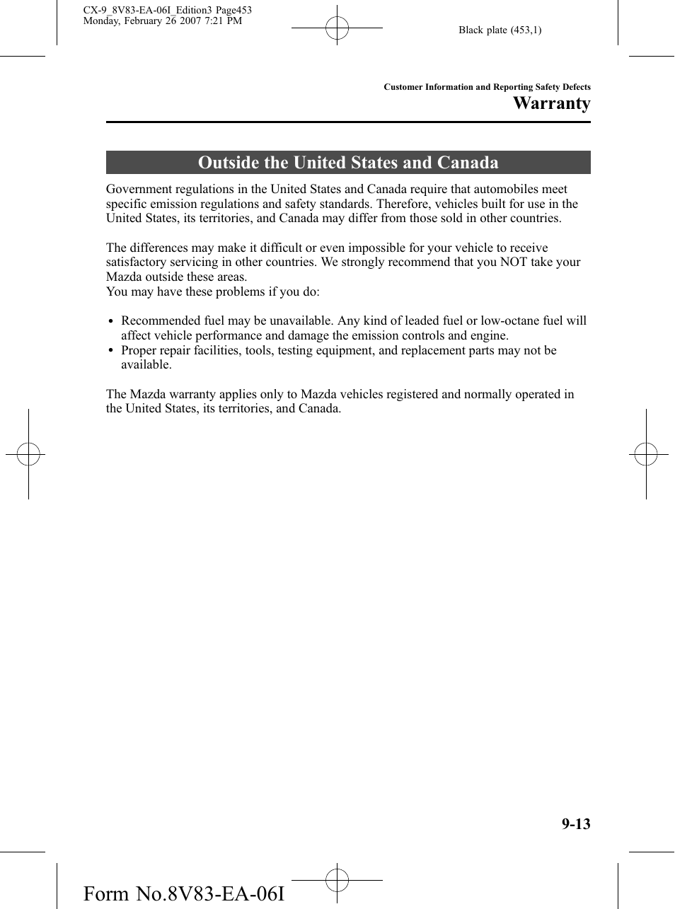 Outside the united states and canada, Outside the united states and canada -13, Warranty | Mazda 2007 CX-9 User Manual | Page 453 / 502