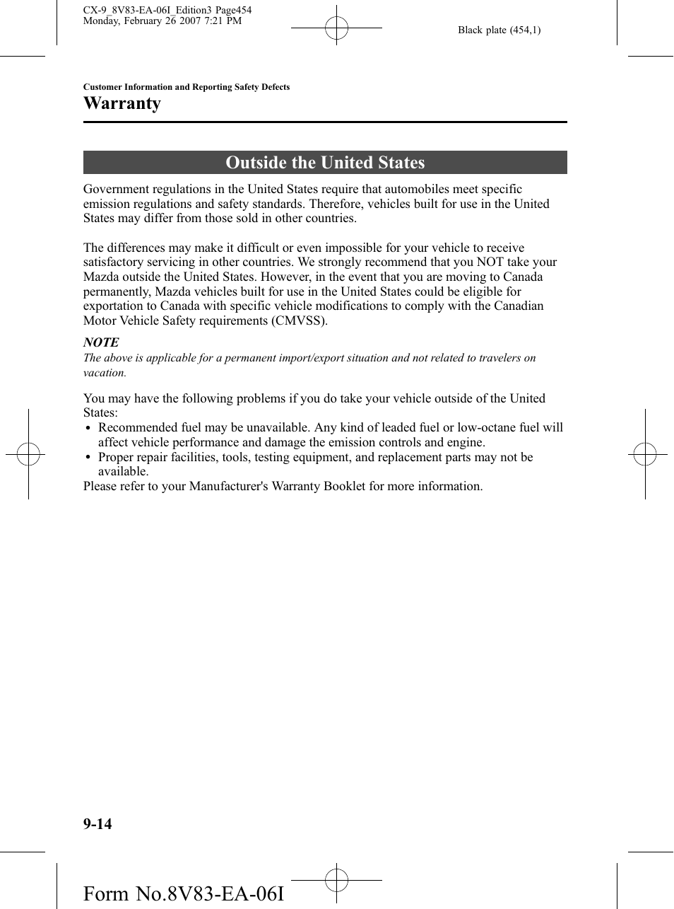 Outside the united states, Outside the united states -14, Warranty | Mazda 2007 CX-9 User Manual | Page 454 / 502