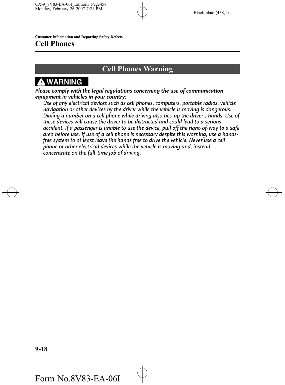 Cell phones, Cell phones warning, Cell phones -18 | Cell phones warning -18 | Mazda 2007 CX-9 User Manual | Page 458 / 502