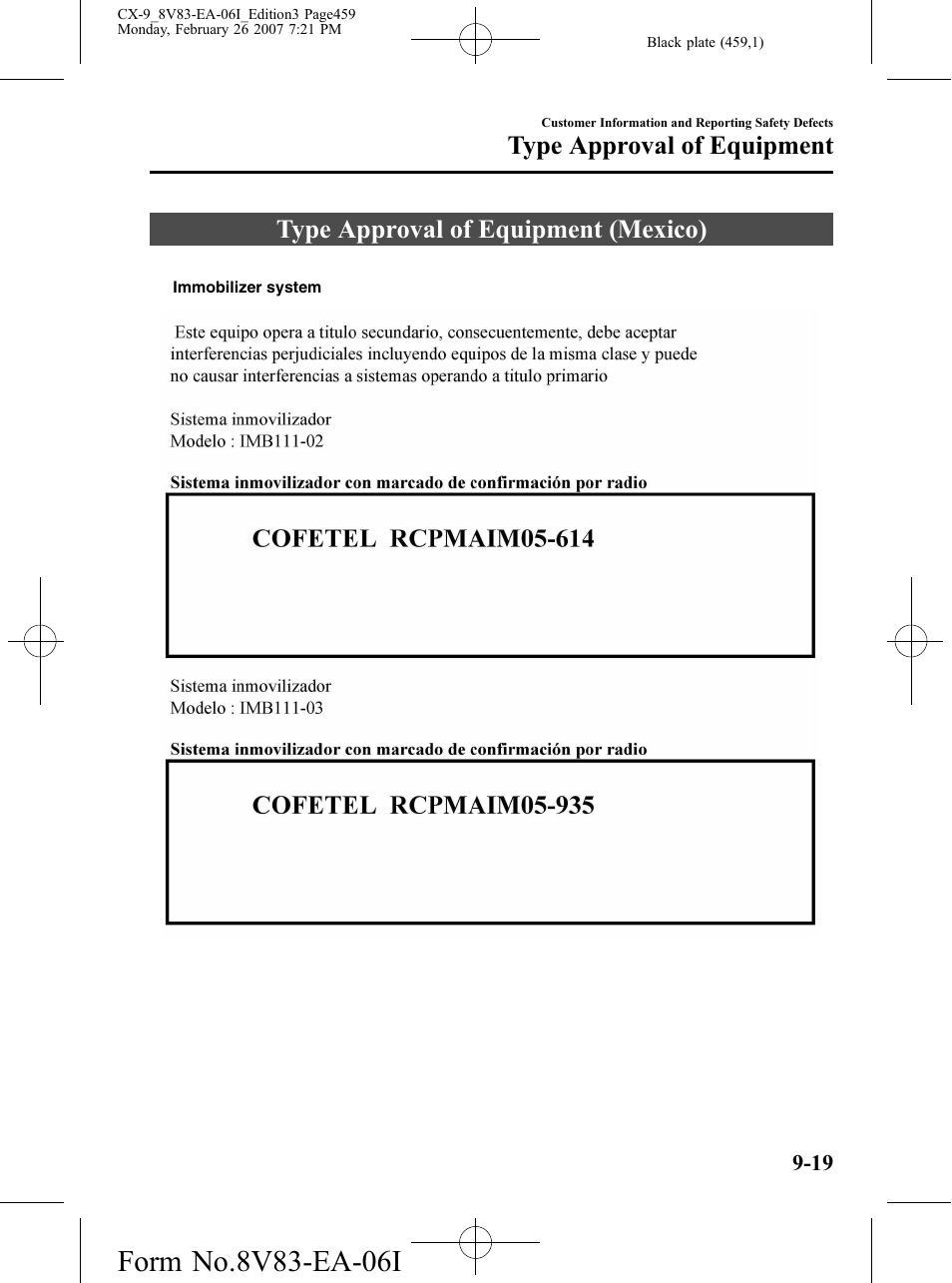 Type approval of equipment, Type approval of equipment (mexico), Type approval of equipment -19 | Type approval of equipment (mexico) -19 | Mazda 2007 CX-9 User Manual | Page 459 / 502