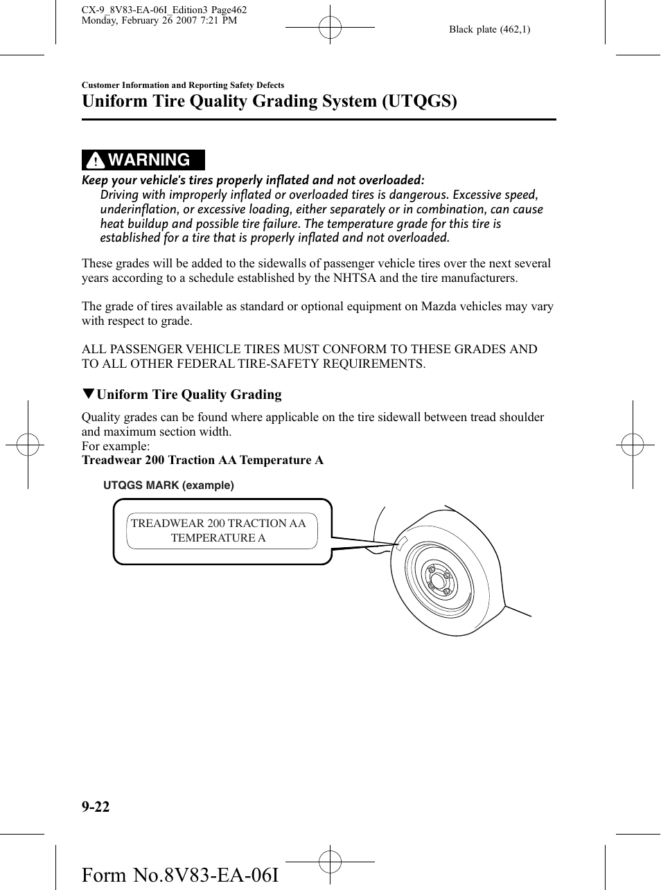 Uniform tire quality grading system (utqgs), Warning | Mazda 2007 CX-9 User Manual | Page 462 / 502
