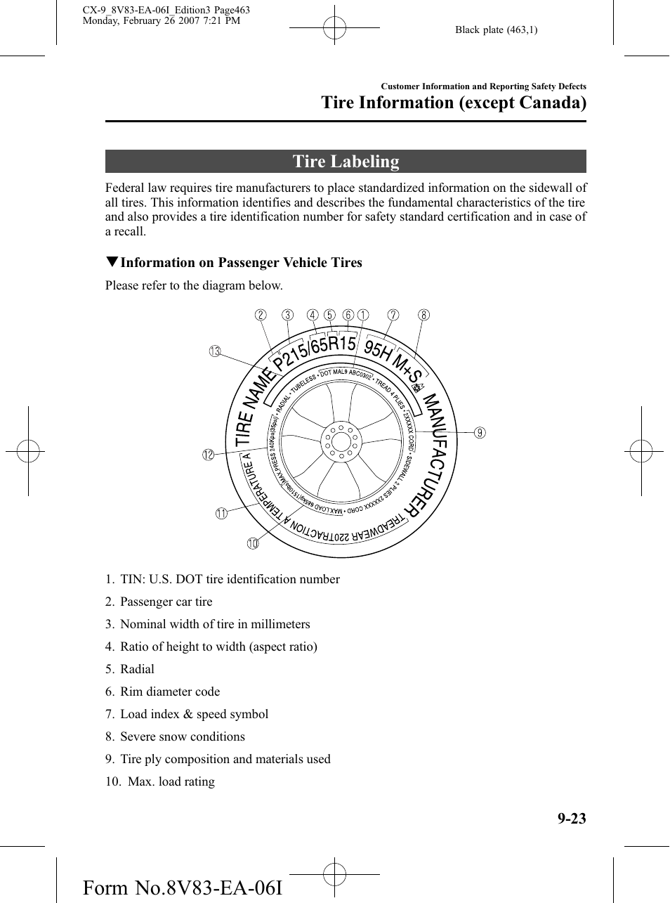Tire information (except canada), Tire labeling, Tire information (except canada) -23 | Tire labeling -23 | Mazda 2007 CX-9 User Manual | Page 463 / 502