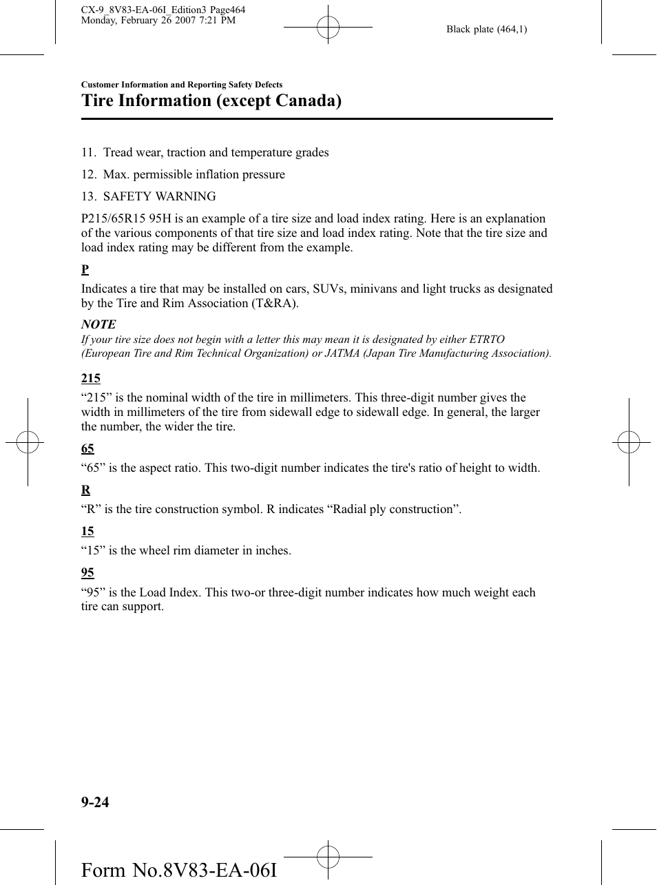 Tire information (except canada) | Mazda 2007 CX-9 User Manual | Page 464 / 502
