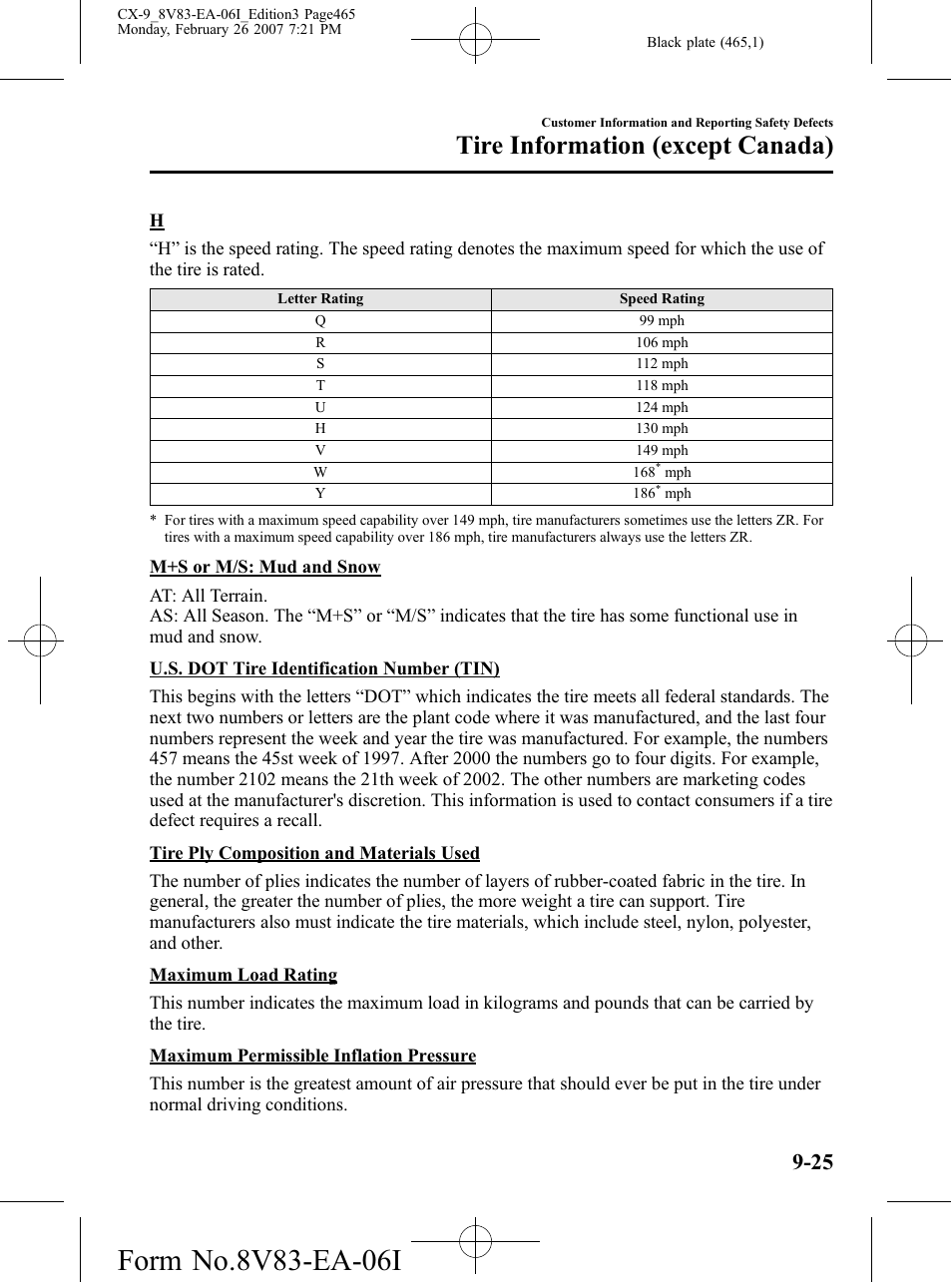 Tire information (except canada) | Mazda 2007 CX-9 User Manual | Page 465 / 502