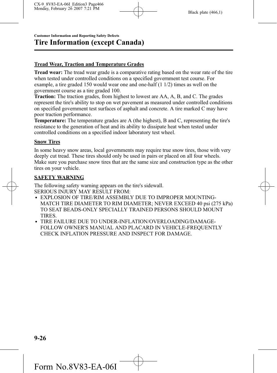 Tire information (except canada) | Mazda 2007 CX-9 User Manual | Page 466 / 502