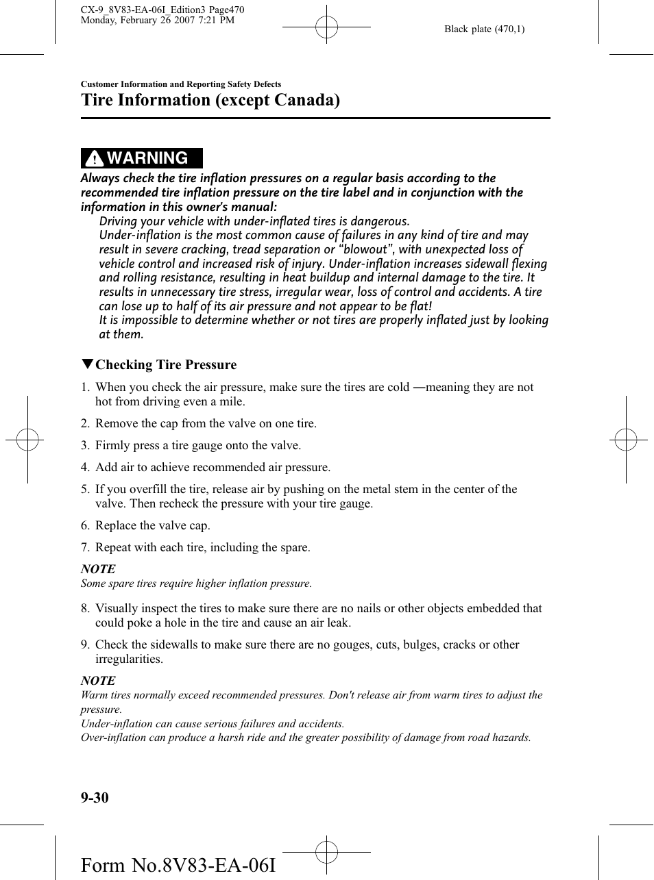 Tire information (except canada), Warning | Mazda 2007 CX-9 User Manual | Page 470 / 502