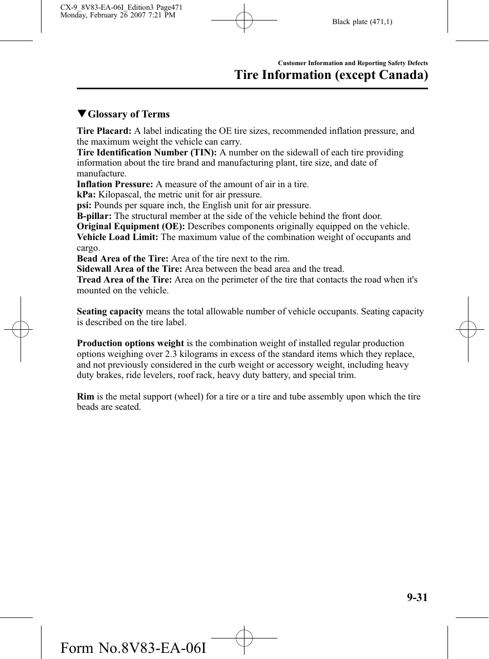 Tire information (except canada) | Mazda 2007 CX-9 User Manual | Page 471 / 502