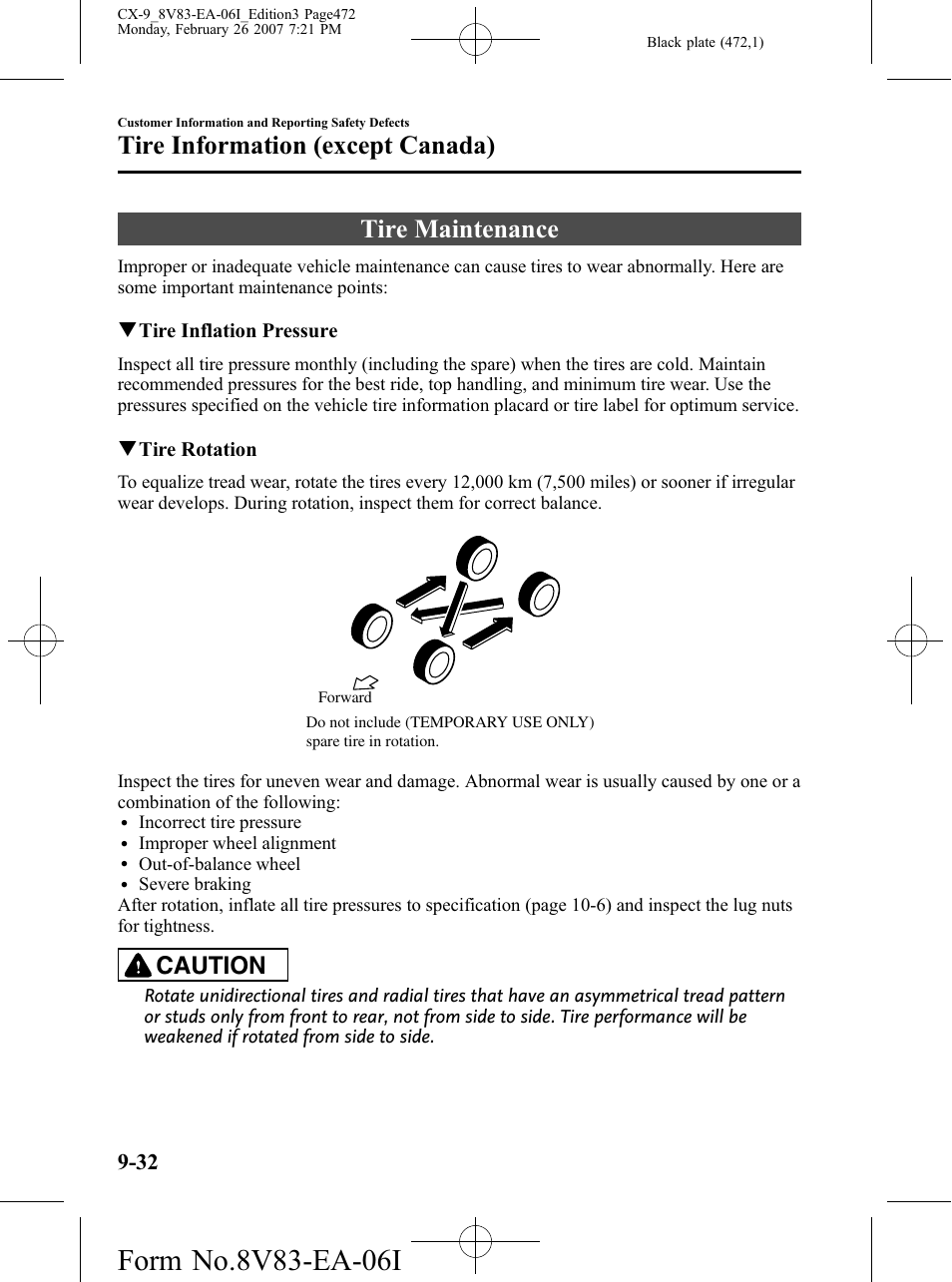 Tire maintenance, Tire maintenance -32, Tire information (except canada) | Caution | Mazda 2007 CX-9 User Manual | Page 472 / 502