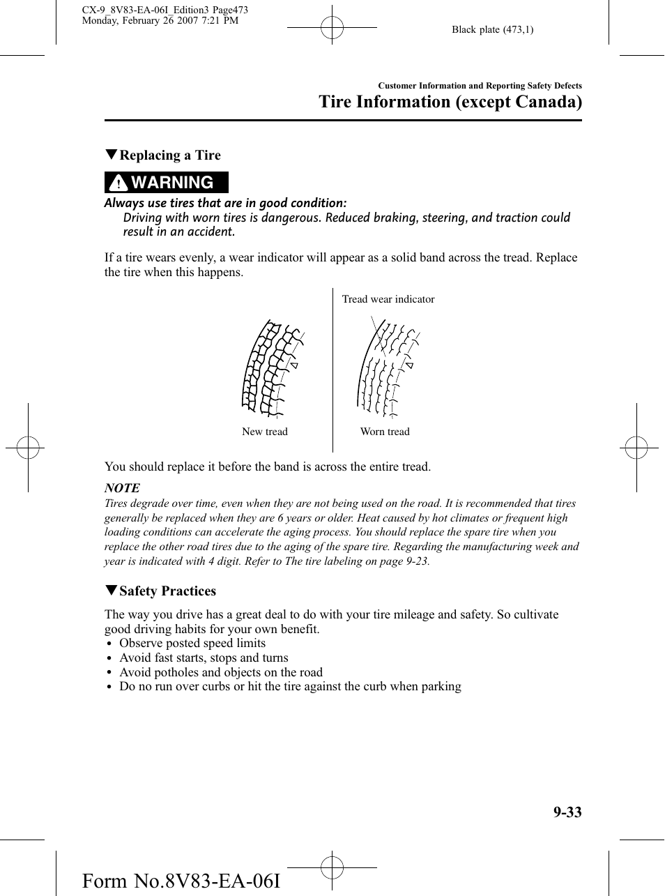 Tire information (except canada), Warning | Mazda 2007 CX-9 User Manual | Page 473 / 502