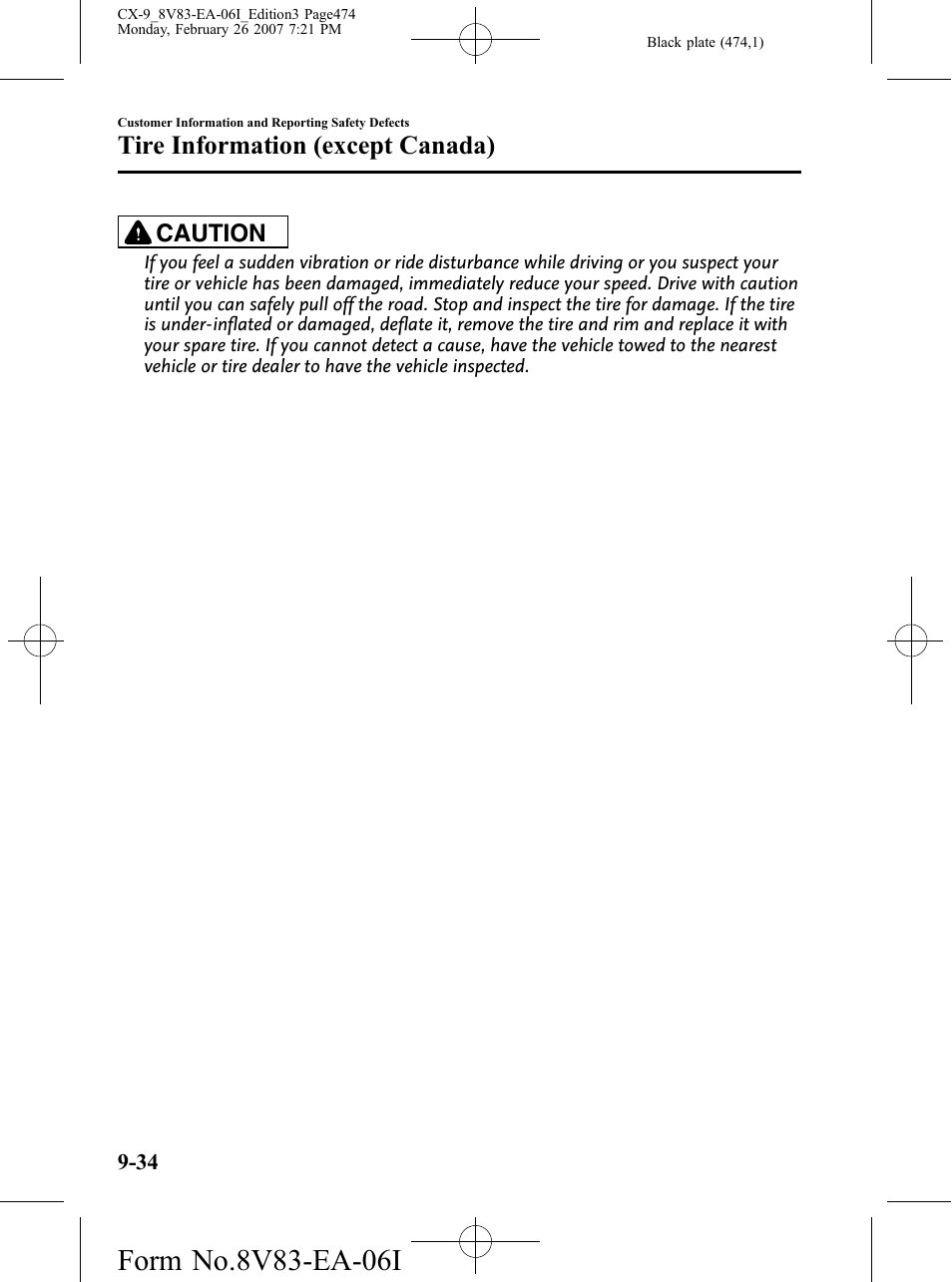 Tire information (except canada), Caution | Mazda 2007 CX-9 User Manual | Page 474 / 502