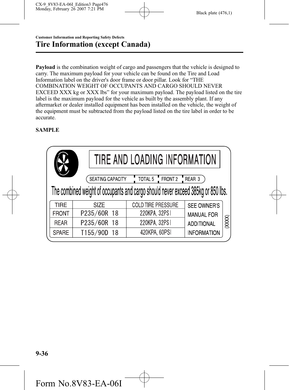 Tire information (except canada) | Mazda 2007 CX-9 User Manual | Page 476 / 502
