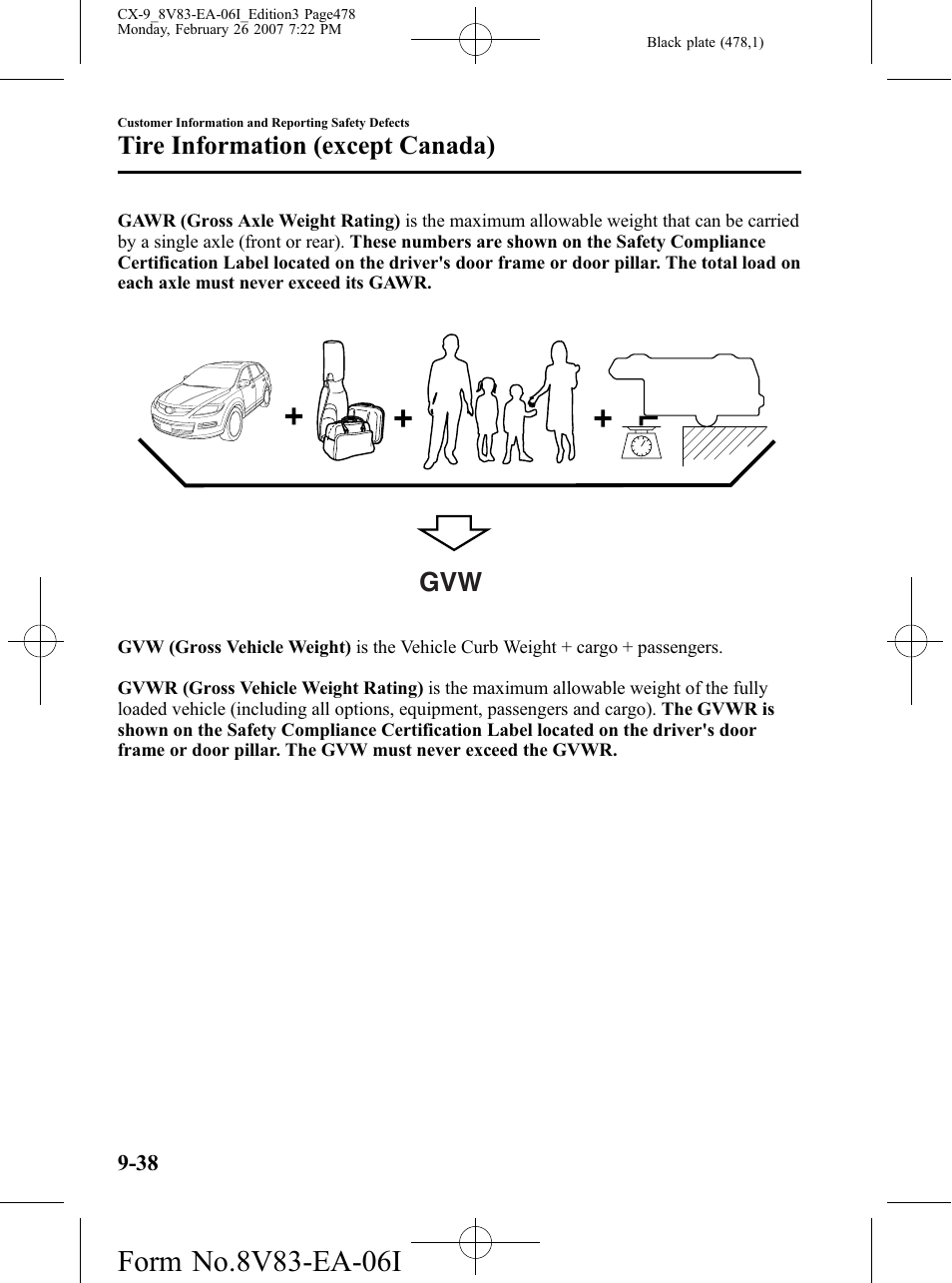 Tire information (except canada) | Mazda 2007 CX-9 User Manual | Page 478 / 502