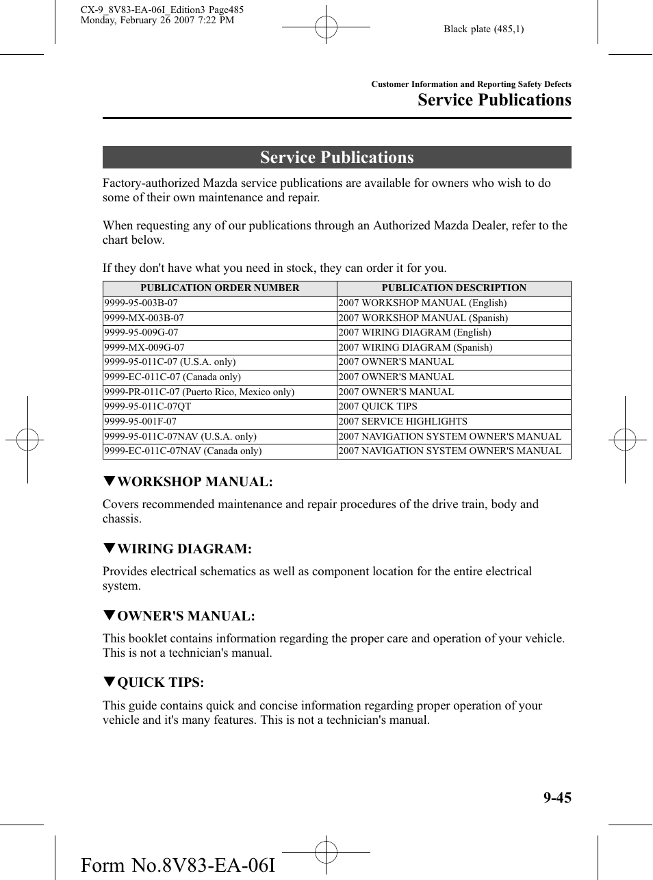 Service publications, Service publications -45 | Mazda 2007 CX-9 User Manual | Page 485 / 502