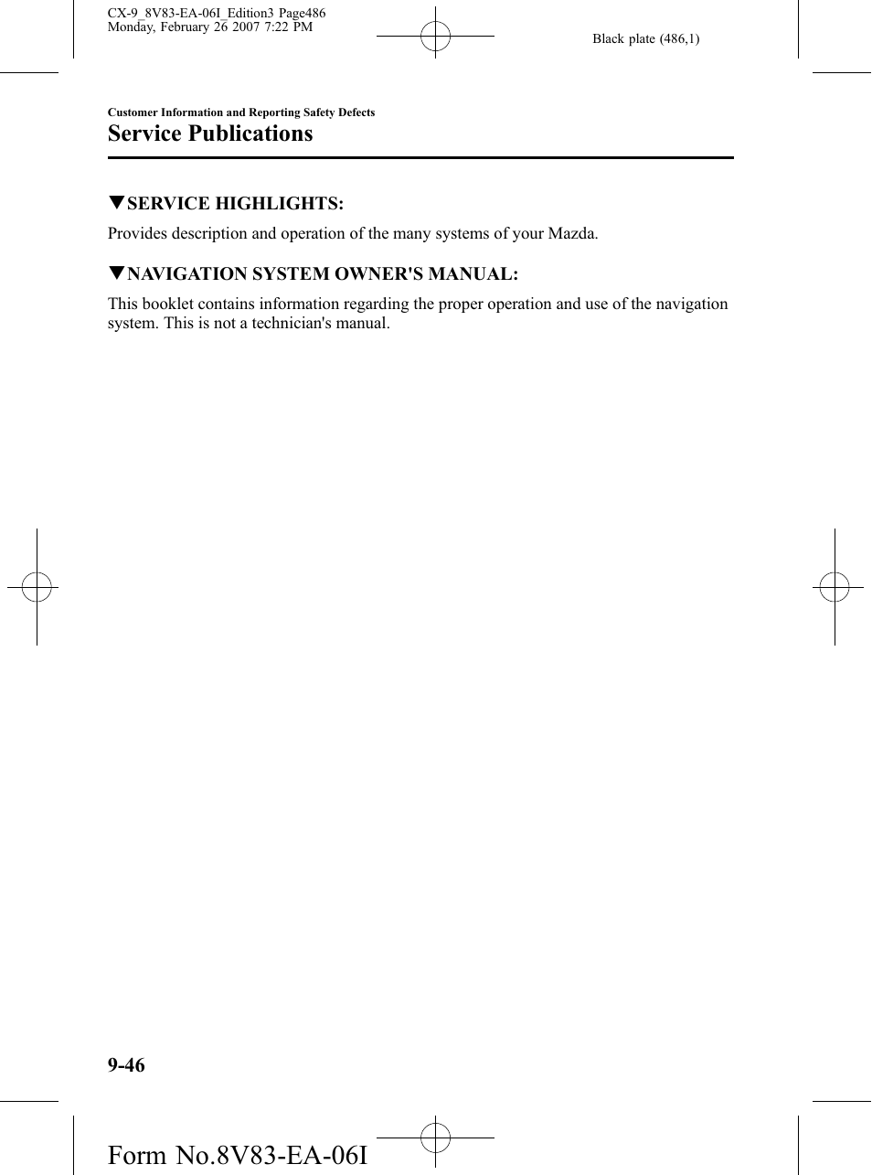 Service publications | Mazda 2007 CX-9 User Manual | Page 486 / 502