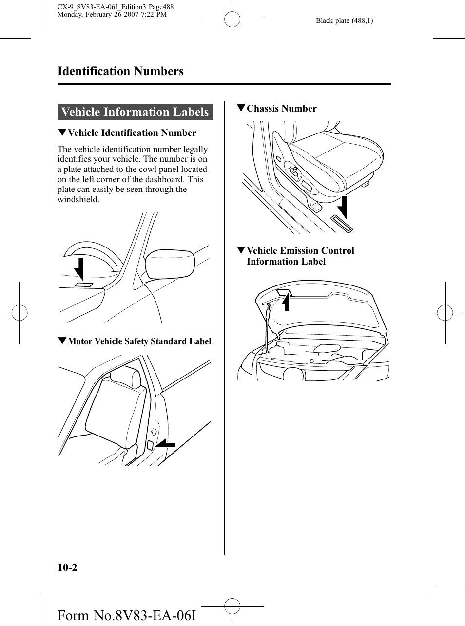 Identification numbers, Vehicle information labels, Identification numbers -2 | Vehicle information labels -2 | Mazda 2007 CX-9 User Manual | Page 488 / 502