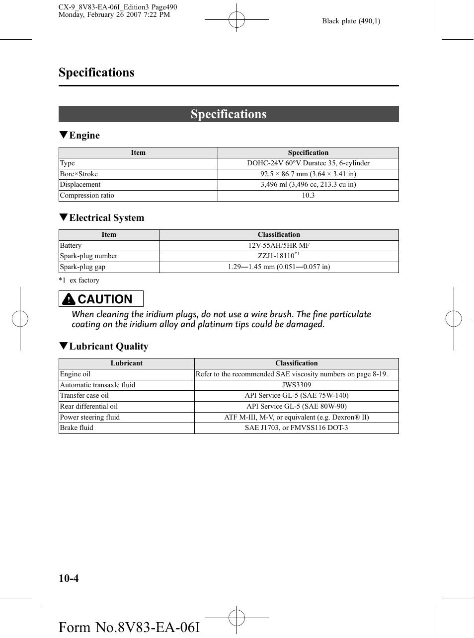 Specifications, Specifications -4, Caution | Qengine, Qelectrical system, Qlubricant quality | Mazda 2007 CX-9 User Manual | Page 490 / 502