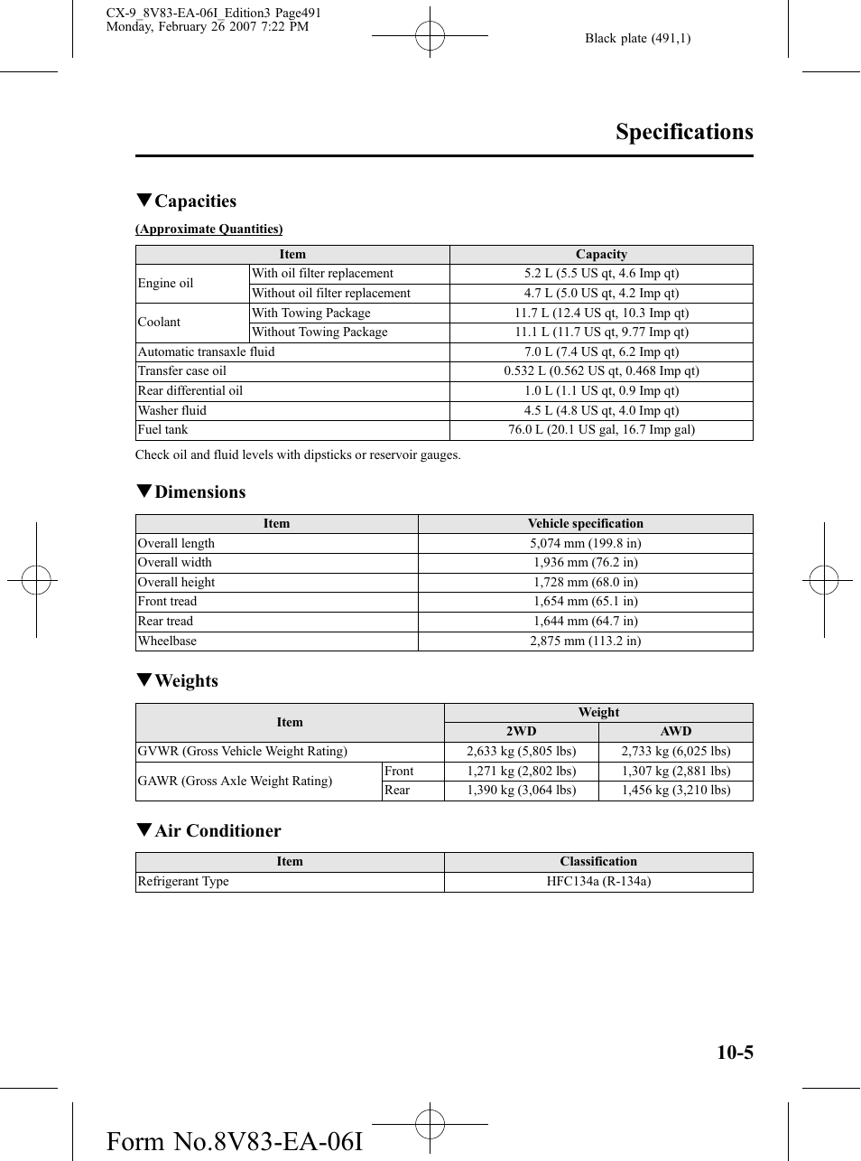 Specifications, Qcapacities, Qdimensions | Qweights, Qair conditioner | Mazda 2007 CX-9 User Manual | Page 491 / 502