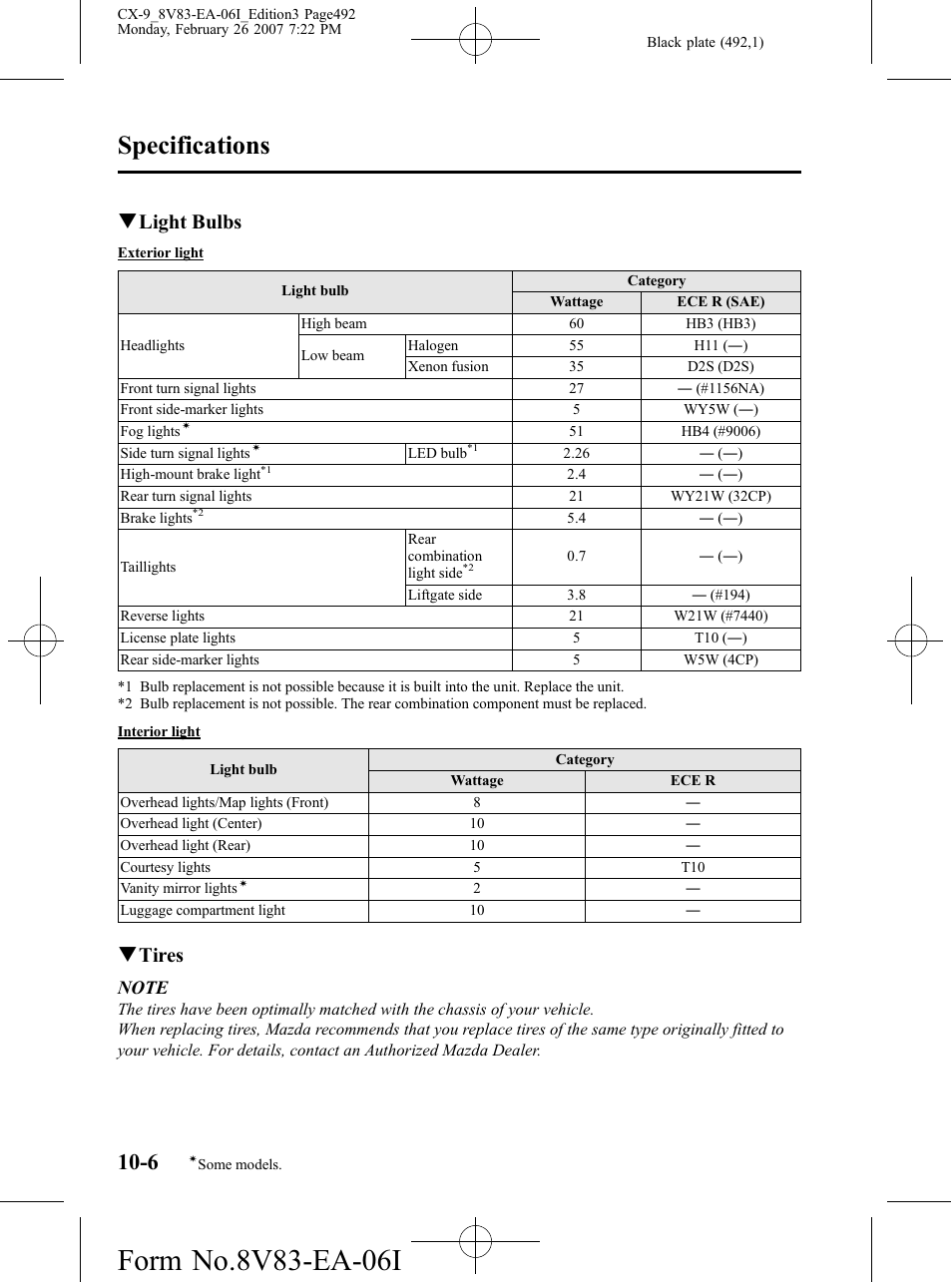 Specifications, Qlight bulbs, Qtires | Mazda 2007 CX-9 User Manual | Page 492 / 502