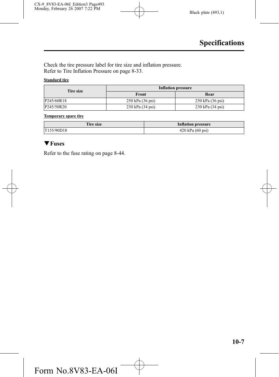 Specifications | Mazda 2007 CX-9 User Manual | Page 493 / 502