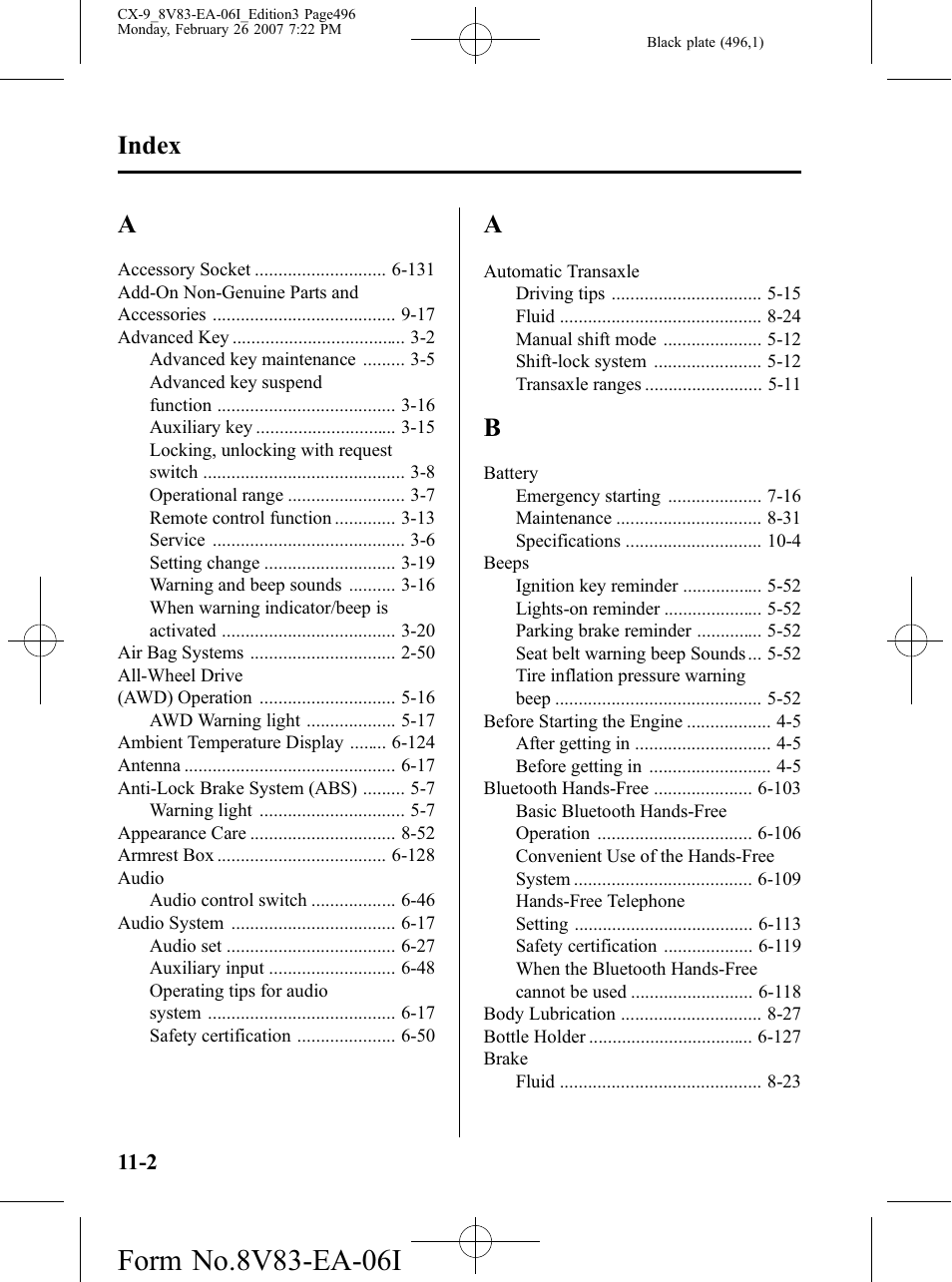 Index | Mazda 2007 CX-9 User Manual | Page 496 / 502