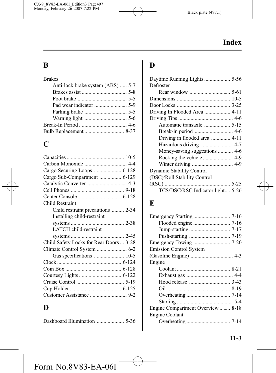 Index | Mazda 2007 CX-9 User Manual | Page 497 / 502