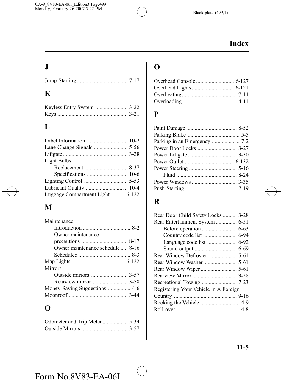 Index | Mazda 2007 CX-9 User Manual | Page 499 / 502