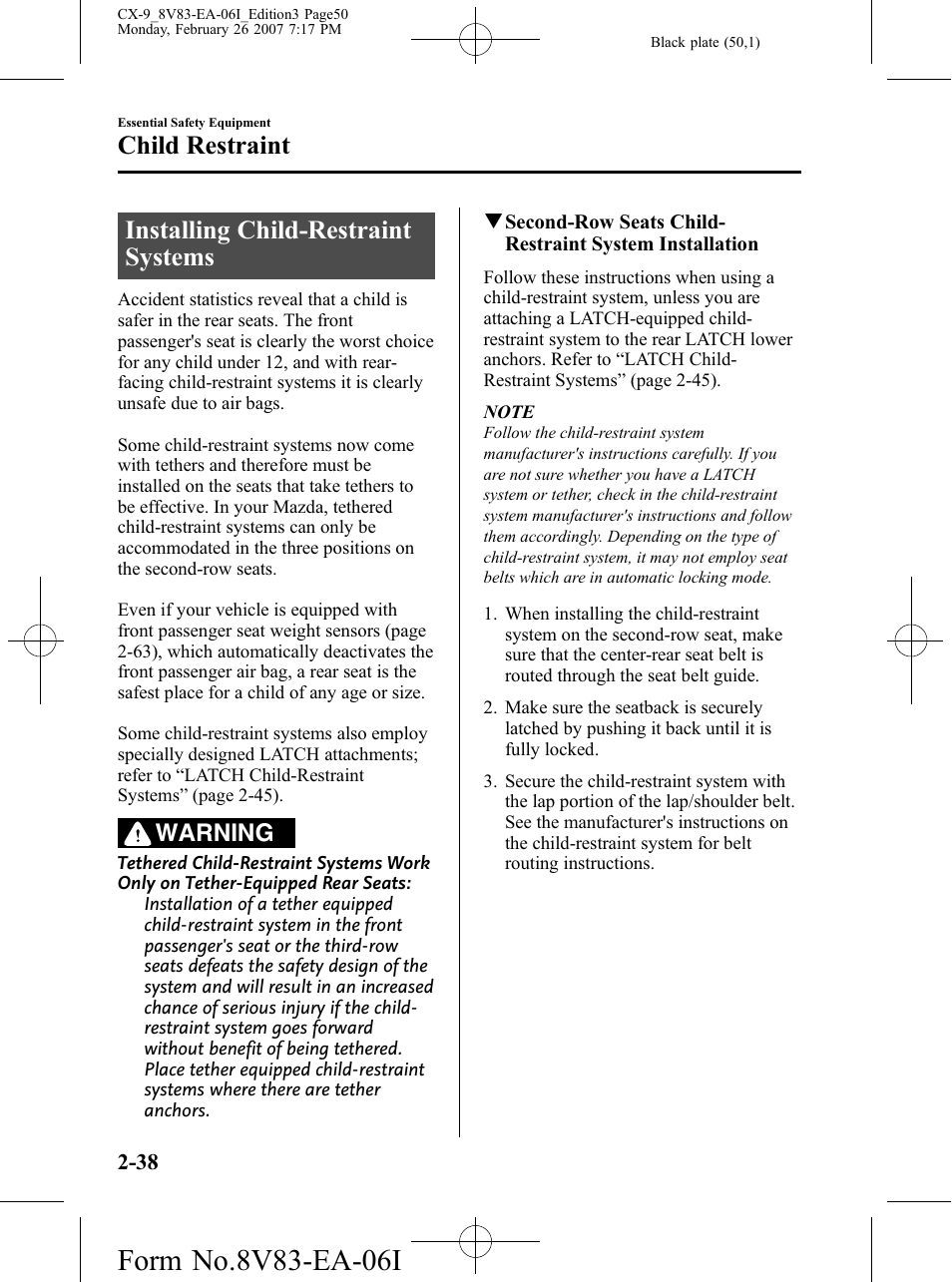 Installing child-restraint systems, Installing child-restraint systems -38, Child restraint | Warning | Mazda 2007 CX-9 User Manual | Page 50 / 502