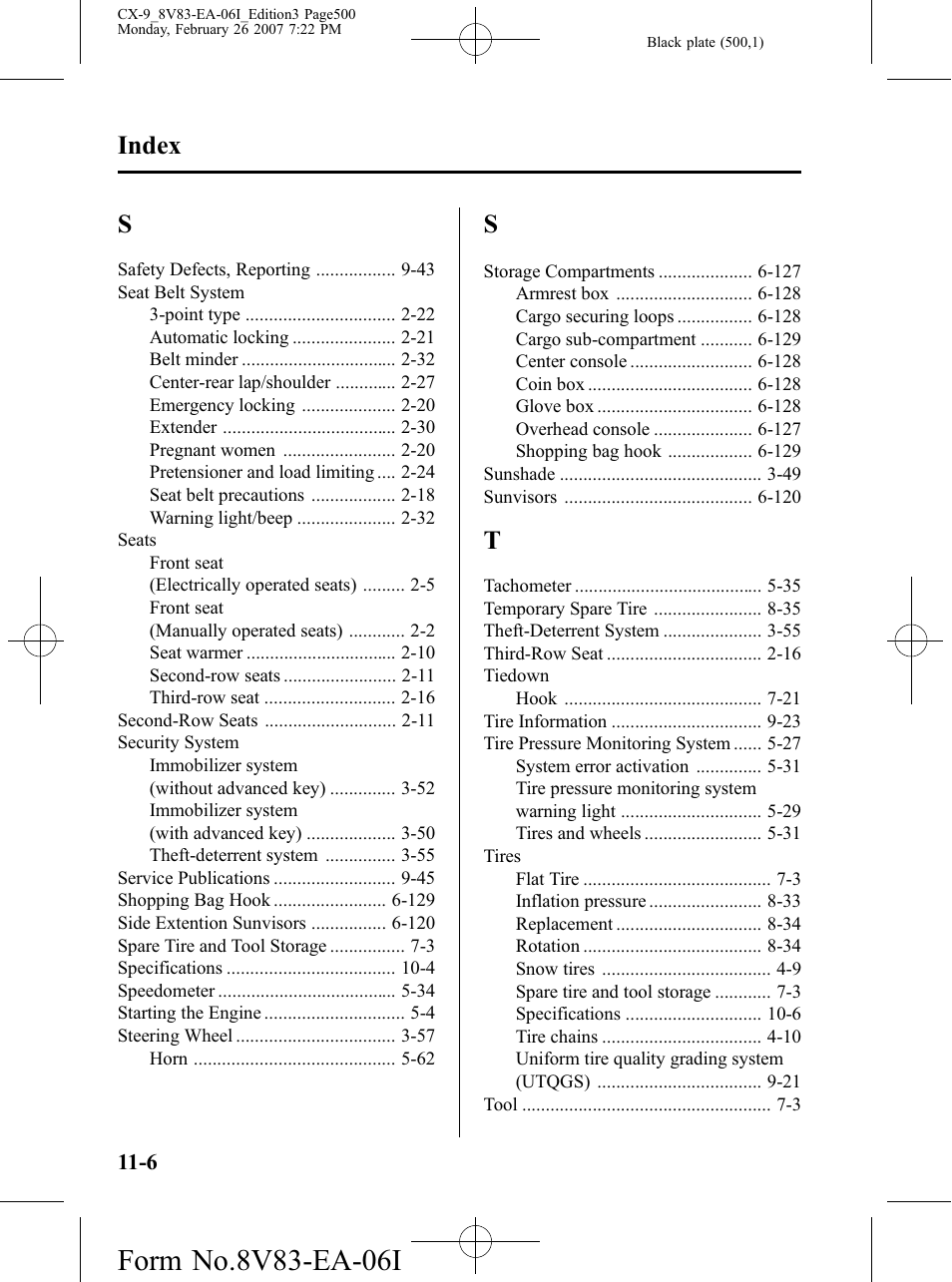 Index | Mazda 2007 CX-9 User Manual | Page 500 / 502