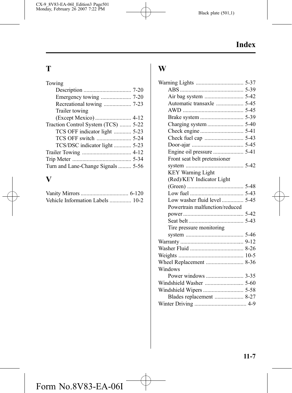 Index | Mazda 2007 CX-9 User Manual | Page 501 / 502