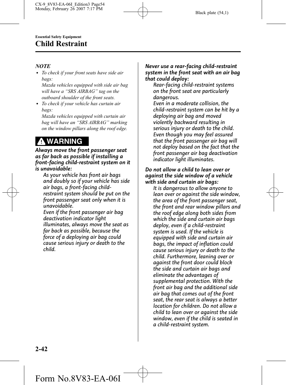 Child restraint, Warning | Mazda 2007 CX-9 User Manual | Page 54 / 502