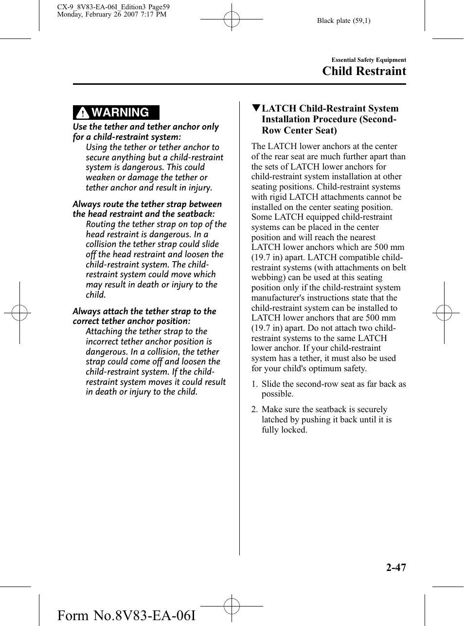 Child restraint, Warning | Mazda 2007 CX-9 User Manual | Page 59 / 502