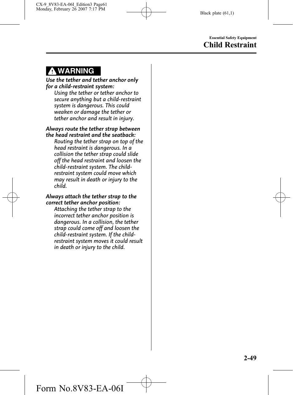 Child restraint, Warning | Mazda 2007 CX-9 User Manual | Page 61 / 502